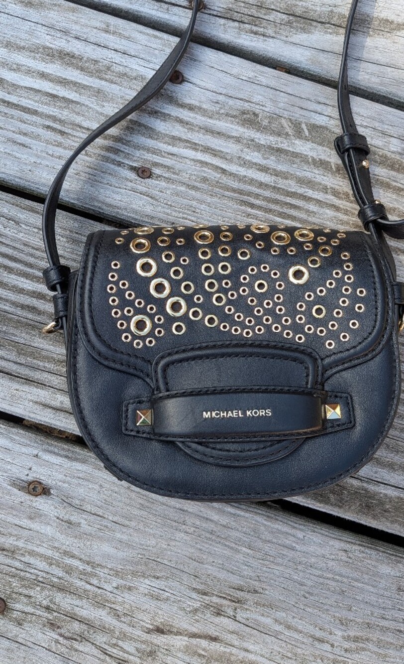 Michael Kors Black Leather Crossbody with Gold Grommet Detail